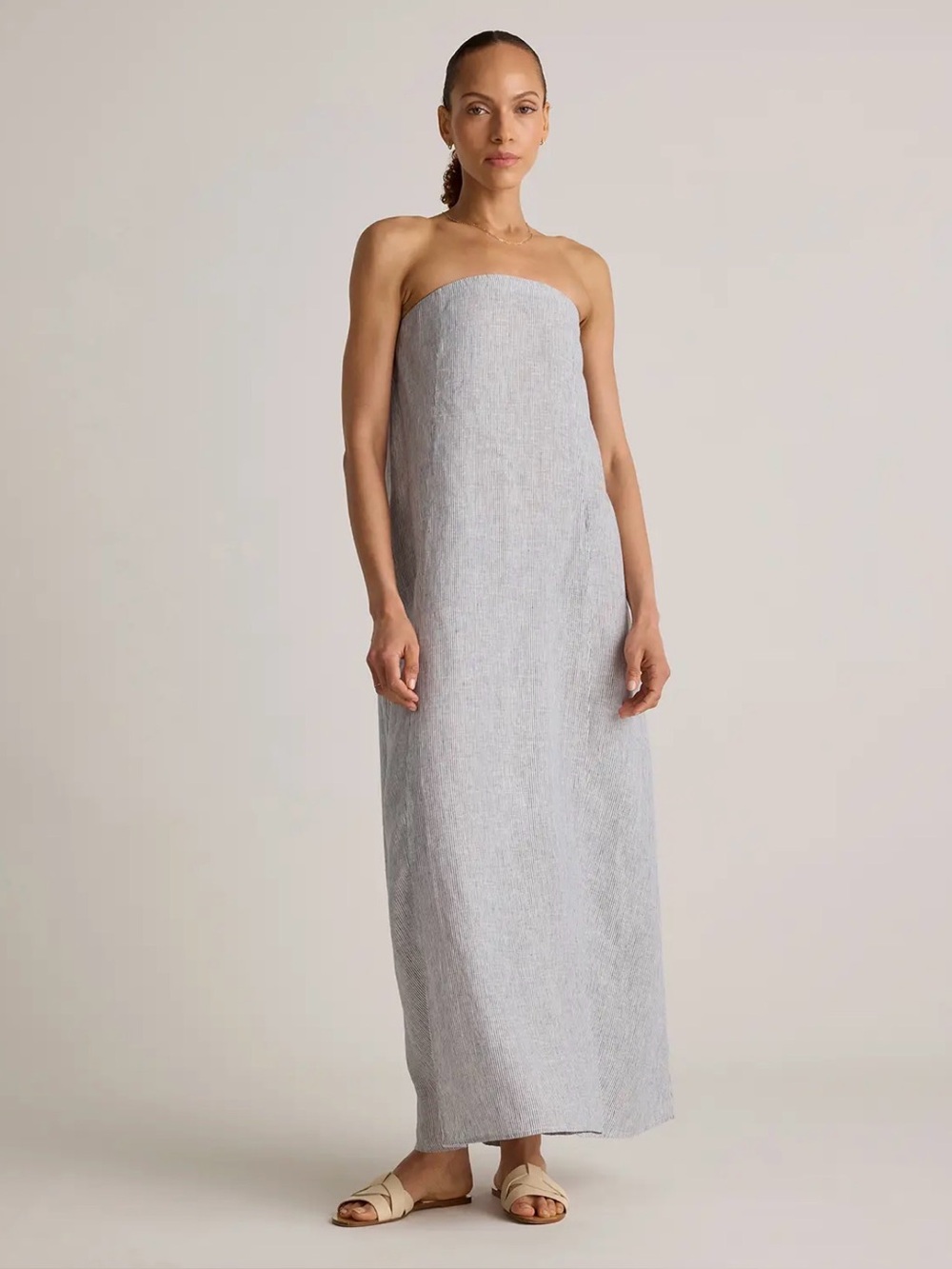 Quince 100% European Linen Strapless Maxi Dress size Small blue pinstriped